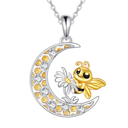YAFEINI Biene Kette 925 Sterling Silber Mond Anhänger Halskette Mondphase Halskette Biene Schmuck für Damen von YAFEINI