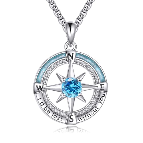 YAFEINI Geburtsstein Kompass Kette Sterling Silber Kompass Halskette Kompass Schmuck für Damen (03-Marsch) von YAFEINI