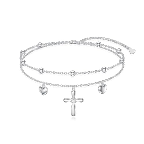 YAFEINI Kreuz Fußkettchen für Damen 925 Sterling Silber Verstellbare Fußkettchen Herz Mehrschichtig Geschichtet Fußkettchen Schmuck Geschenke für Mädchen (Kreuz) von YAFEINI