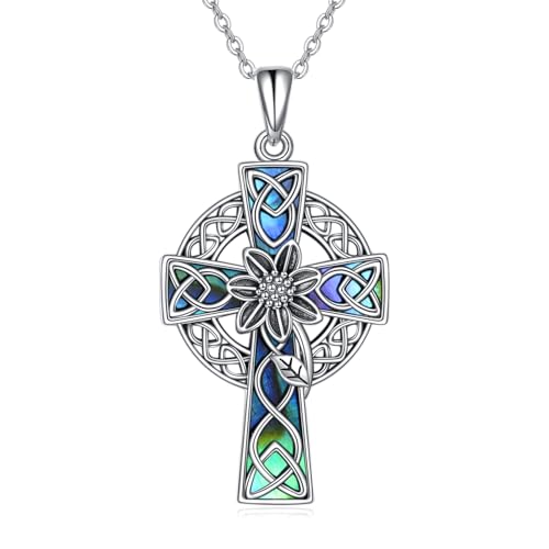 YAFEINI Kreuz Halskette für Frauen 925 Sterling Silber Keltischer Knoten Sonnenblume Kreuz Halskette Anhänger Kreuz Kruzifix Schmuck Geschenke von YAFEINI