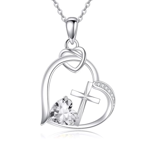 YAFEINI Kreuz Kette Geburtsstein Kreuz Halskette Christlicher Herz Schmuck Geburtstags Geschenke für Frauen (April) von YAFEINI