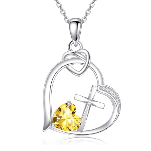 YAFEINI Kreuz Kette Geburtsstein Kreuz Halskette Christlicher Herz Schmuck Geburtstags Geschenke für Frauen (November) von YAFEINI