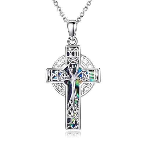 YAFEINI Kreuz Kette S925 Sterling Silber Abalone Muschel Baum des Lebens Halskette Anhänger Kreuz Schmuck für Damen(Zeit) von YAFEINI