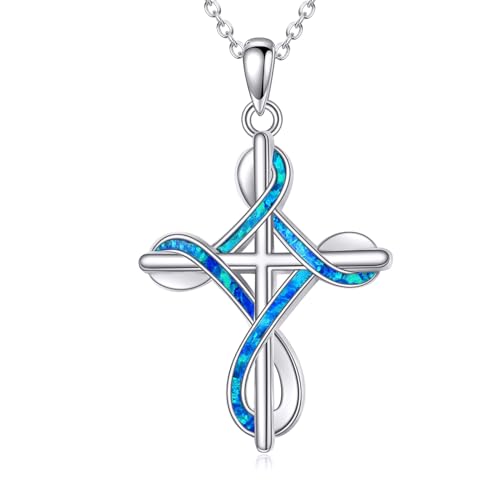 YAFEINI Kreuz Kette für Damen 925 Sterling Silber Blauer Opal Kreuz Anhänger Halskette Schmuck Geschenke für Frauen Mädchen (Blauer Opal) von YAFEINI