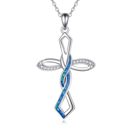 YAFEINI Kreuz Kette für Damen 925 Sterling Silber Infinity Kreuz Anhänger Halskette Blauer Opal Kruzifix Schmuck Geschenk für Frauen Mädchen (Kreuz Kette) von YAFEINI