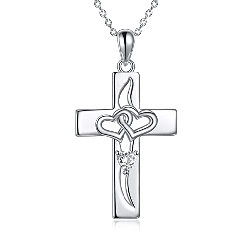 YAFEINI Kreuz Kette für Damen 925 Sterling Silber Kreuz Anhänger Halskette Zirkonia CZ Kruzifix Schmuck Geschenk für Damen Mädchen (03-Herz Zirkonia Kreuz) von YAFEINI