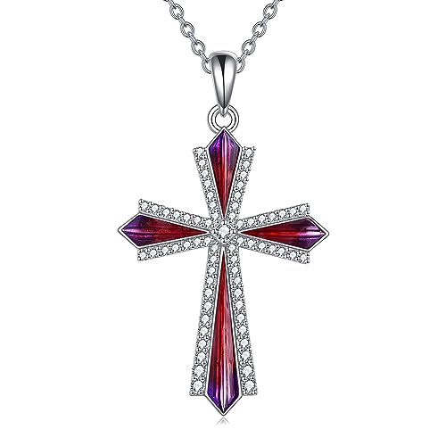 YAFEINI Kreuz Kette für Damen 925 Sterling Silber Kreuz Anhänger Halskette Zirkonia CZ Kruzifix Schmuck Geschenk für Damen Mädchen (07-Rot-lila Kreuz) von YAFEINI