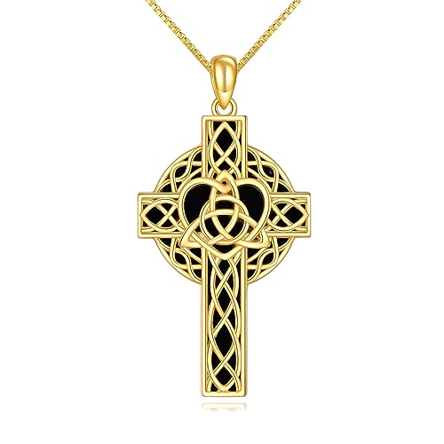 YAFEINI Kreuz Kette für Damen Sterling Silber Irisch Keltische Herz Kreuz Anhänger Halskette Gold überzogene Schwarze Onyx Kreuz Schmuck Geschenke für Mädchen von YAFEINI