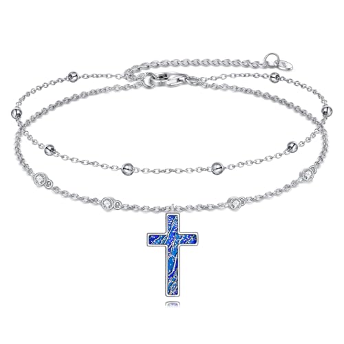 Kreuz Knöchel Armbänder Sterling Silber Religius Doppelkette Fußkettchen Christliche Taufe Layered Fußkettchen Schmuck Geschenke für Damen Mädchen (Einzigartiges Kreuz fußkettchen) von YAFEINI
