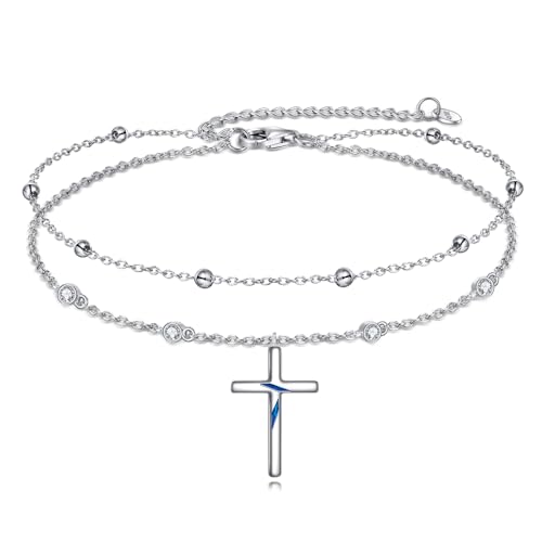 YAFEINI Kreuz Knöchel Armbänder Sterling Silber Religius Doppelkette Fußkettchen Christliche Taufe Layered Fußkettchen Schmuck Geschenke für Damen von YAFEINI