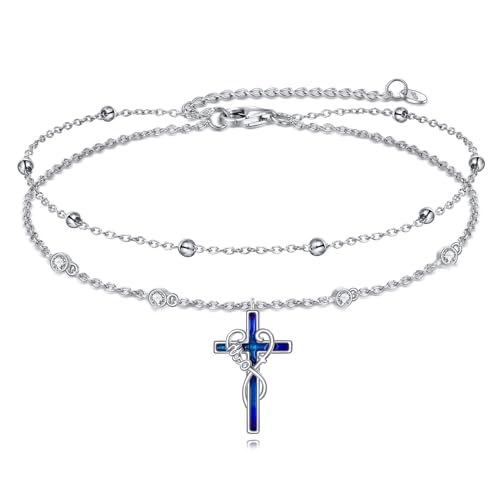 YAFEINI Kreuz Knöchel Armbänder Sterling Silber Religius Doppelkette Fußkettchen Christliche Taufe Layered Fußkettchen Schmuck Geschenke für Damen Mädchen (Faith Kreuz Fußkettchen) von YAFEINI