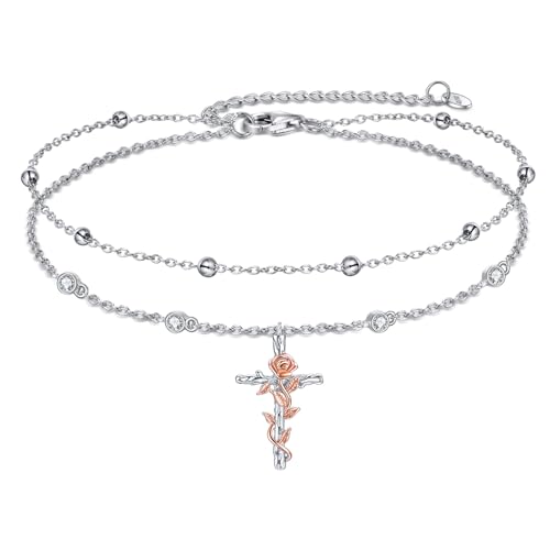 YAFEINI Kreuz Knöchel Armbänder Sterling Silber Religius Doppelkette Fußkettchen Christliche Taufe Layered Fußkettchen Schmuck Geschenke für Damen Mädchen (Rosen kreuz Fußkettchen) von YAFEINI