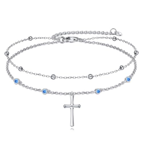 Kreuz Knöchel Armbänder Sterling Silber Religius Doppelkette Fußkettchen Christliche Taufe Layered Fußkettchen Schmuck Geschenke für Damen Mädchen von YAFEINI
