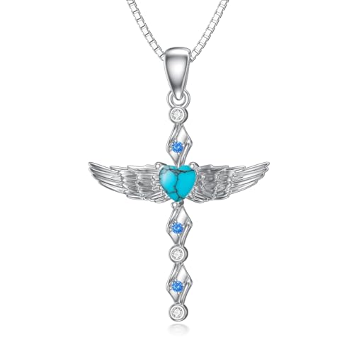 YAFEINI Kreuz Türkis Halskette für Damen 925 Sterling Silber Engel Flügel Kette Kreuz Türkis Schmuck Geschenke für Frauen Mädchen (Türkis Halskette) von YAFEINI