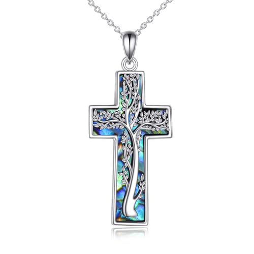 YAFEINI Kreuz kette S925 Sterling Silber Abalone Muschel Baum des Lebens Anhänger Halskette Kreuz Schmuck für Damen von YAFEINI