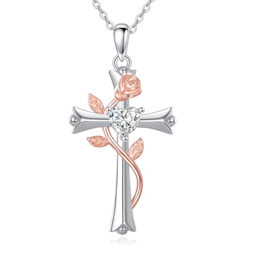 YAFEINI Kreuzkette Für Damen 925 Sterling Silber Rosenkreuz Anhänger Spiritueller Schmuck Geschenk Für Ehefrau Mutter Geburtstag Weihnachten Valentinstag von YAFEINI