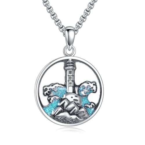 YAFEINI Leuchtturm Halskette Aus 925er Sterlingsilber Mit Türkisfarbenem Wellenanhänger Maritimer Schmuck Geschenk Für Männer Und Frauen von YAFEINI