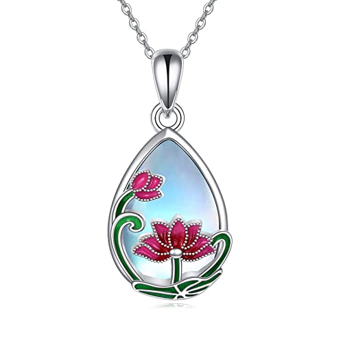 YAFEINI Lotus Halskette 925 Sterling Silber Lotus Mondstein Teardrop Anhänger Lotus Blume Schmuck Geschenk für Frauen von YAFEINI