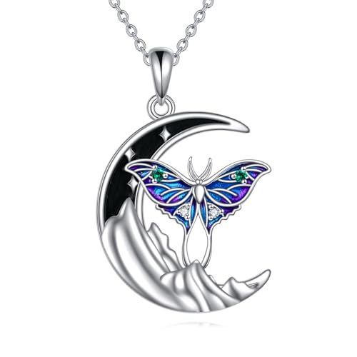 YAFEINI Luna Motten Halskette für Damen 925 Sterling Silber Gothic Halskette mit Halbmond Motten Anhänger Luna Motten Schmuck Geschenke für Mädchen (Motten Kette) von YAFEINI
