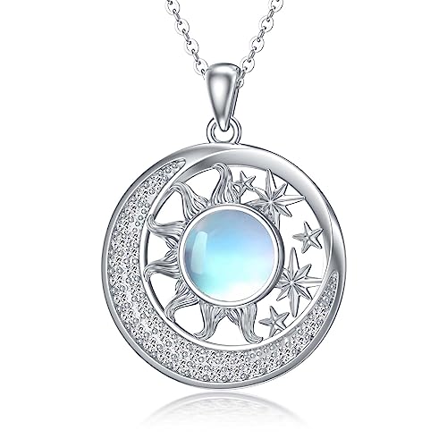 YAFEINI Mond Sonne Stern Halskette Sterling Silber Mondstein Sonne Halskette Anhänger Schmuck Geschenke für Damen Mädchen (Sonne Mond Halskette) von YAFEINI