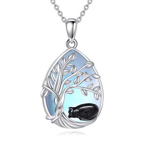 YAFEINI Mondstein Baum des Lebens Kette S925 Sterling Silber Katze Mondstein Halskette Anhänger Schmuck Geschenk für Damen Mädchen von YAFEINI