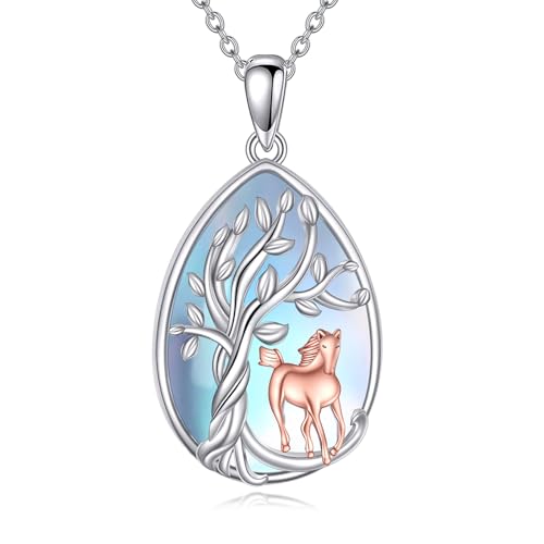 YAFEINI Mondstein Baum des Lebens Kette S925 Sterling Silber Pferd Mondstein Halskette Anhänger Schmuck Geschenk für Damen Mädchen von YAFEINI