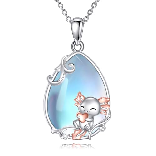 YAFEINI Axolotl Halskette 925 Sterling Silber Mondstein Axolotl Anhänger ette Schmuck Weihnachts Geschenke für Damen Mädchen Tierliebhaber(Axolotl Kette) von YAFEINI