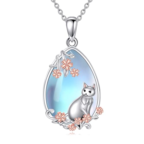 YAFEINI Katzen Mondstein Halskette für Damen 925 Sterling Silber Katzen Anhänger Kette Schmuck Geschenke für Mädchen (Katzen Kette) von YAFEINI