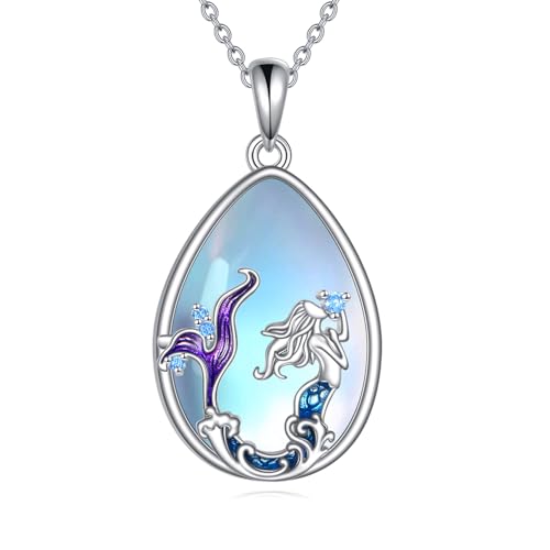 YAFEINI Meerjungfrauen Halskette für Damen 925er Sterlingsilber MeerjungfrauenAnhänger Kette mit Mondstein Schmuck Geschenke für Frauen und Teenager von YAFEINI