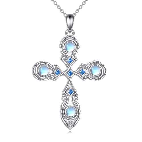 YAFEINI Mondstein Kreuz Halskette für Damen 925 Sterling Silber Filigrane Keltische Kette Böhmische Schmuck Geschenke für Herren (Kreuz Halskette) von YAFEINI