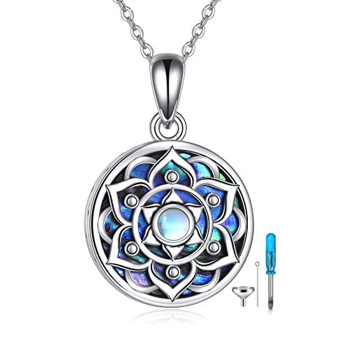 YAFEINI Mondstein Lotus Urne Halsketten für Asche 925 Sterling Silber Abalone Shell Lotus Kremationsschmuck für Asche Erinnerung Schmuck für Frauen Männer von YAFEINI