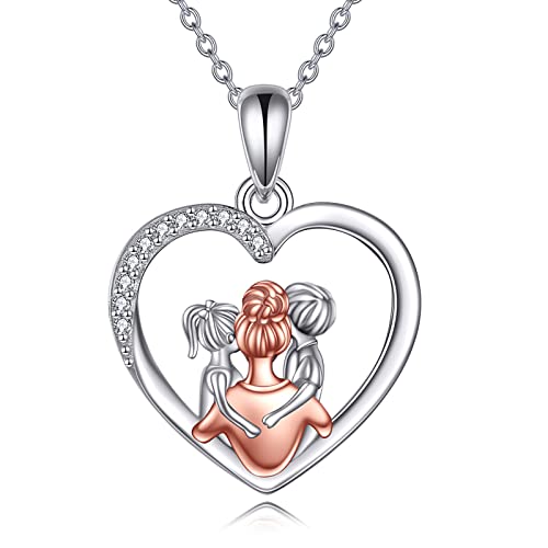 YAFEINI Mutter Tochter Sohn Kette 925 Sterling Silber Mama Herz Halskette Anhänger Schmuck Geschenke für Mama (Mutter Tochter Sohn Halskette) von YAFEINI