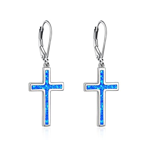 YAFEINI Opal Kreuz Ohrringe 925 Sterling Silber Leverback Cross Dangle Drop Ohrring Blue Cross Religion Schmuck für Frauen Mädchen von YAFEINI