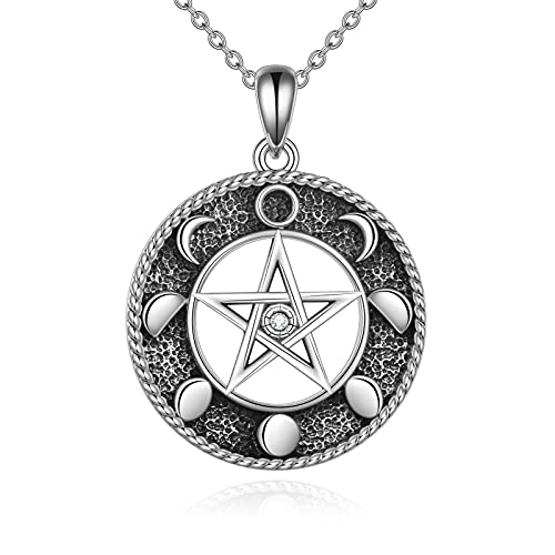 YAFEINI Pentagramm Pentacle Anhänger Halskette 925 Sterling Silber Wiccan Stern Halbmond Halsketten Schmuck für Damen Männer Geschenke (Pentagramm-Mond-Halskette 1) von YAFEINI