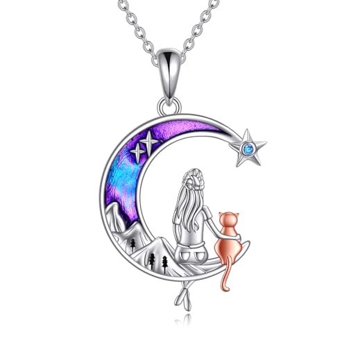 YAFEINI Pferd Kette Sterling Silber Pferd und Mädchen Anhänger Berg und Mond Schmuck Geschenke für Damen (Katze kette) von YAFEINI