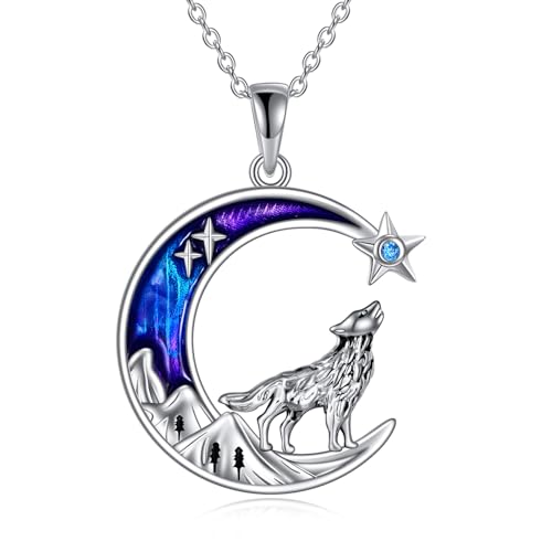 YAFEINI Wolf Kette Sterling Silber Mond und Berg Wolf Anhänger Halskette Schmuck Geschenke für Damen von YAFEINI