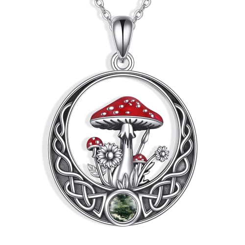 YAFEINI Pilz Anhänger Halskette 925 Sterling Silber Moss Agat Pilz Halskette Pilz Schmuck Geschenke für Frauen von YAFEINI