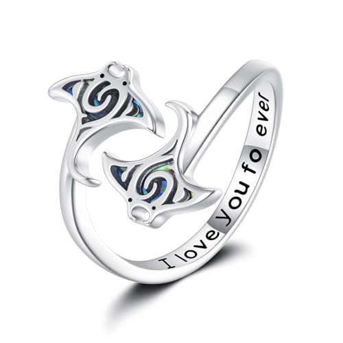 YAFEINI Rochen Ring 925er Sterlingsilber Blauer Opal Verstellbarer Ring Ozean Schmuck Manta Rochen Geschenk für Frauen von YAFEINI