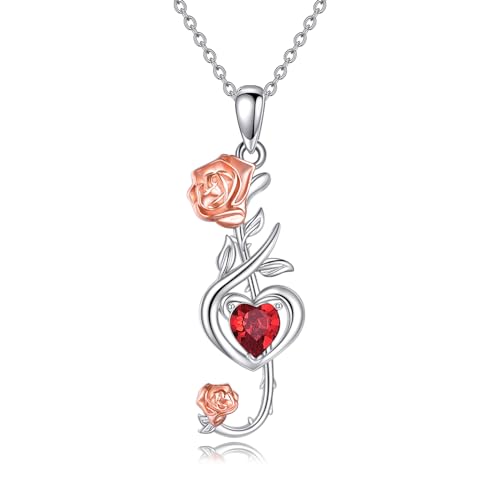 YAFEINI Rose Halskette für Damen 925 Sterling Silber Rosen Blumen Anhänger Kette Roter Kristall Schmuck Geschenke für Frauen Mädchen Ihre Freundin Frau (Rose Halskette) von YAFEINI