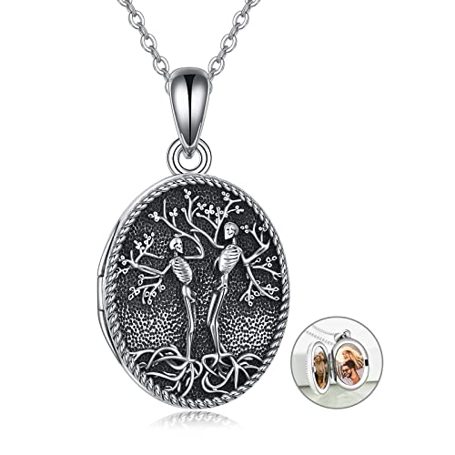 YAFEINI Schädel Medaillon Halskette Sterling Silber Skelett Baum des Lebens Medaillon Halskette Schädel Baum des Lebens Schmuck Geschenke für Damen Herren von YAFEINI