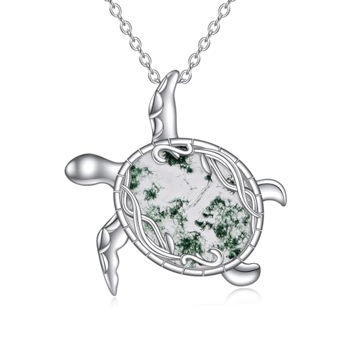 Schildkröte Halskette Sterling Silber Meeresschildkröte Moos Achat Halskette Meeresschildkröte Moos Achat Schmuck Geschenke für Damen Mädchen (Moos Achat Halskette) von YAFEINI