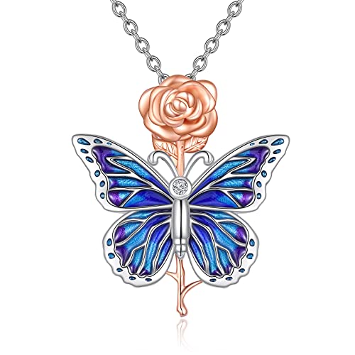 YAFEINI Schmetterling Kette Rose Blume Anhänger Halskette 925 Sterling Silber Blau Lila Schmetterling Schmuck Geschenk für Damen Mama Mädchen von YAFEINI