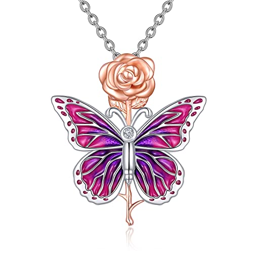 YAFEINI Schmetterling Kette Rose Blume Anhänger Halskette 925 Sterling Silber Rosa Lila Schmetterling Schmuck Geschenk für Damen Mama Mädchen von YAFEINI