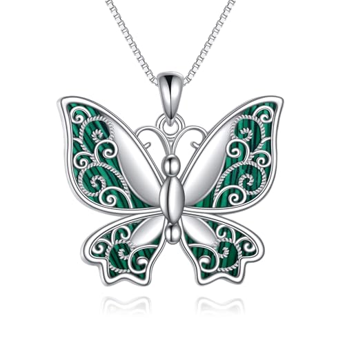 YAFEINI Schmetterling Kette für Damen S925 Sterling Silber Keltische Halskette Anhänger Abalone Muschel für Mädchen (Malachit Filigran Schmetterling) von YAFEINI