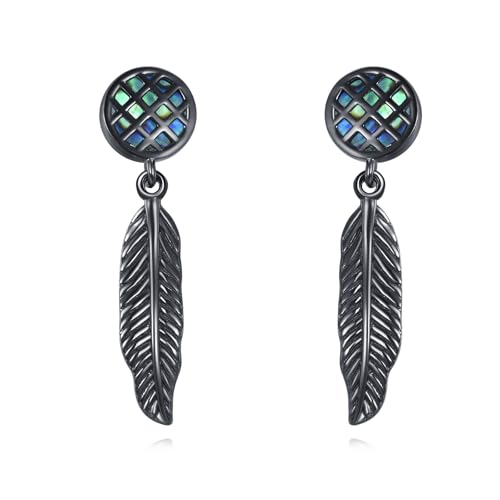 YAFEINI Schwarz Feder Ohrringe 925 Sterling Silber Abalone Muschel Dangle Ohrringe Boho Schmuck Geschenk Für Frauen Männer Punk Statement Accessories von YAFEINI