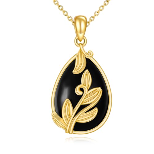 YAFEINI Schwarze Onyx Kette 925 Sterling Silber Gold Blatt Filigrane Anhänger Halskette Schwarze Onyx Schmuck Geschenk für Damen Mädchen von YAFEINI