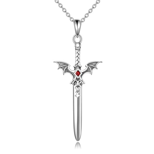 YAFEINI Schwert Kette 925 Sterling Silber Fledermaus Dolch Anhänger Halskette Gothic Schmuck Geschenke für Damen Herren von YAFEINI