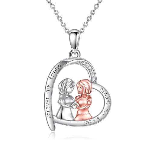 YAFEINI Schwestern Halskette 925 Sterling Silber Always My Sister Forever My Friend Love Herz Anhänger Halskette Schwestern Schmuck Geschenk für Damen Mädchen (Schwestern Kette) von YAFEINI