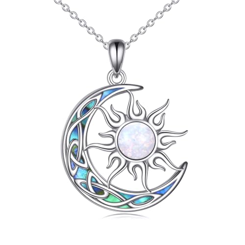 YAFEINI Sonne und Mond Kette Damen 925 Sterling Silber Opal Keltischer Mond Anhänger Halskette Abalone Sonne Schmuck Geschenk von YAFEINI