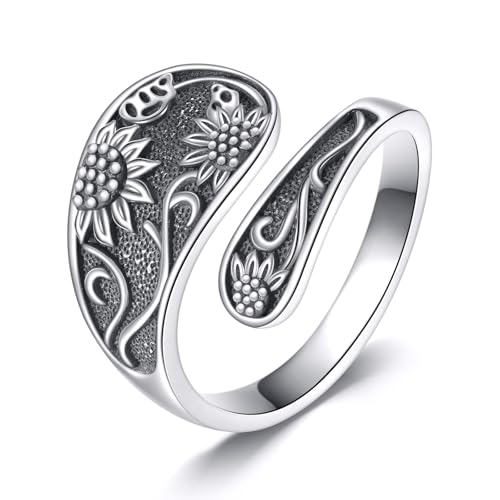 YAFEINI Sonnenblumen Löffelring 925er Sterlingsilber Verstellbarer Daumenring Mit Blumenmotiv Boho Schmuck Geschenk Für Frauen Mütter von YAFEINI